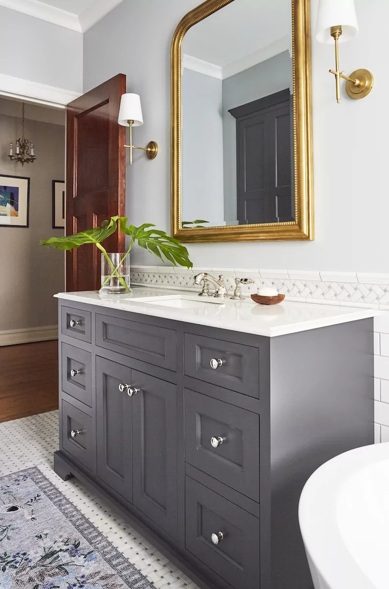 gray-bathroom-vanity-drawers-gold-mirror