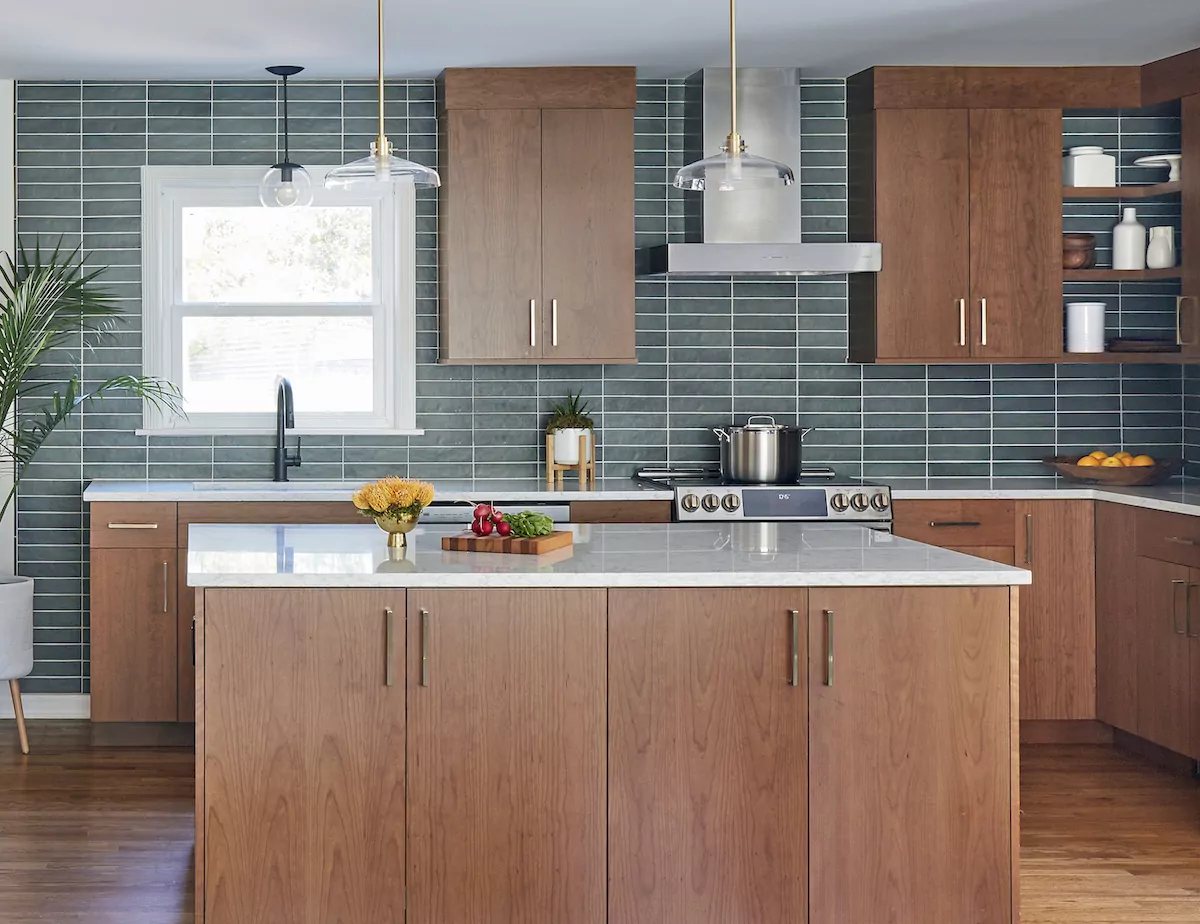 green-tile-backsplash-wood-cabinets-kitchen-design